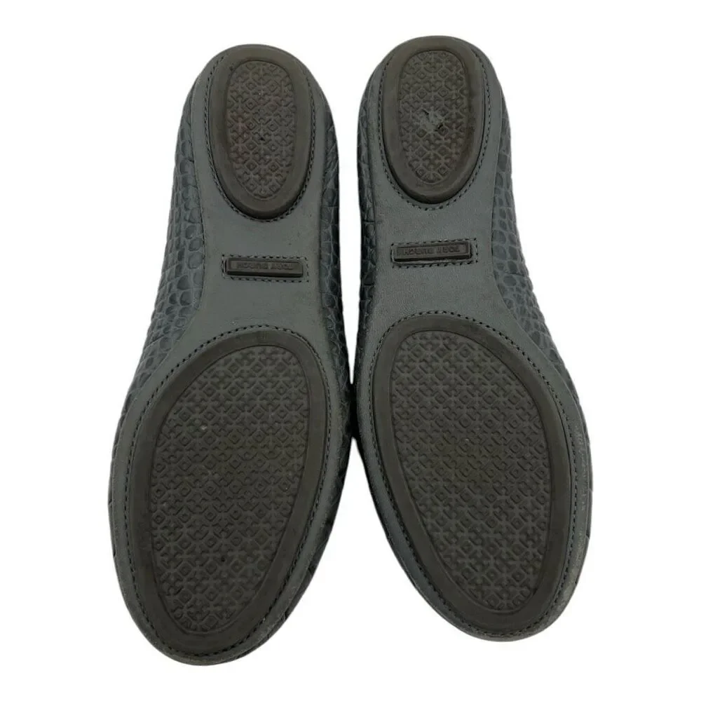 Tory Burch Women's Leather Croc Embossed Minnie Travel Ballet Flats Gray Sz 5.5